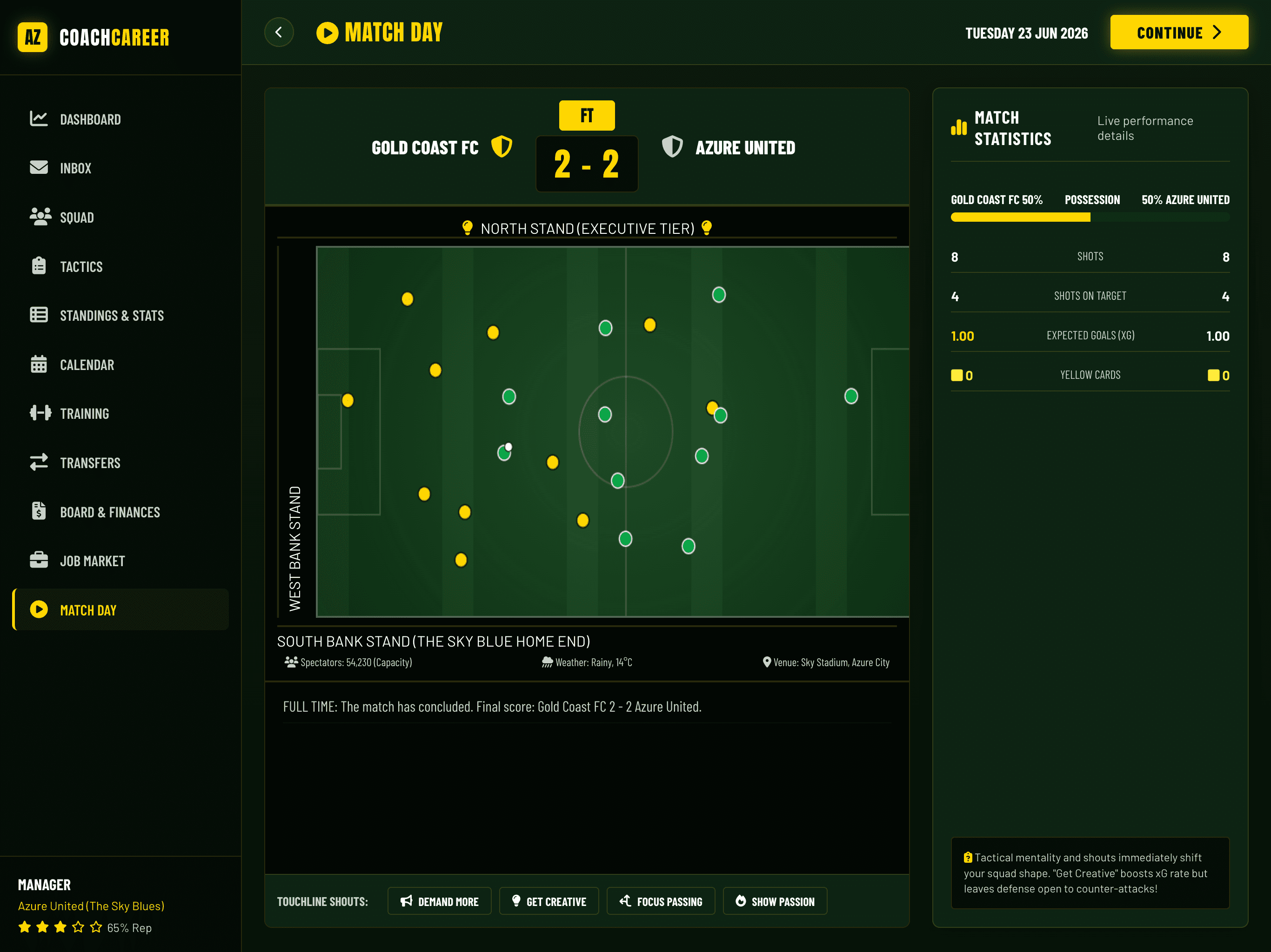 Football Coach Career Live 2D Match Engine